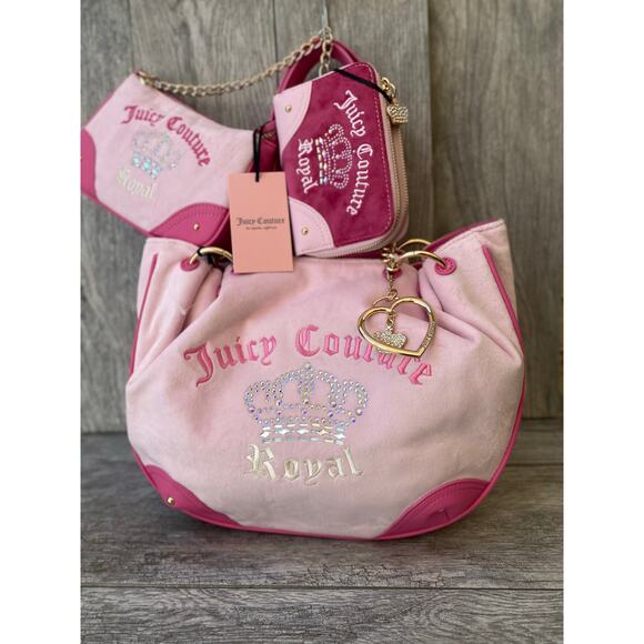 Juicy Couture Juicy Kingdom Pink Velour 3-Piece Embroidered Tote Set - Picture 11 of 13